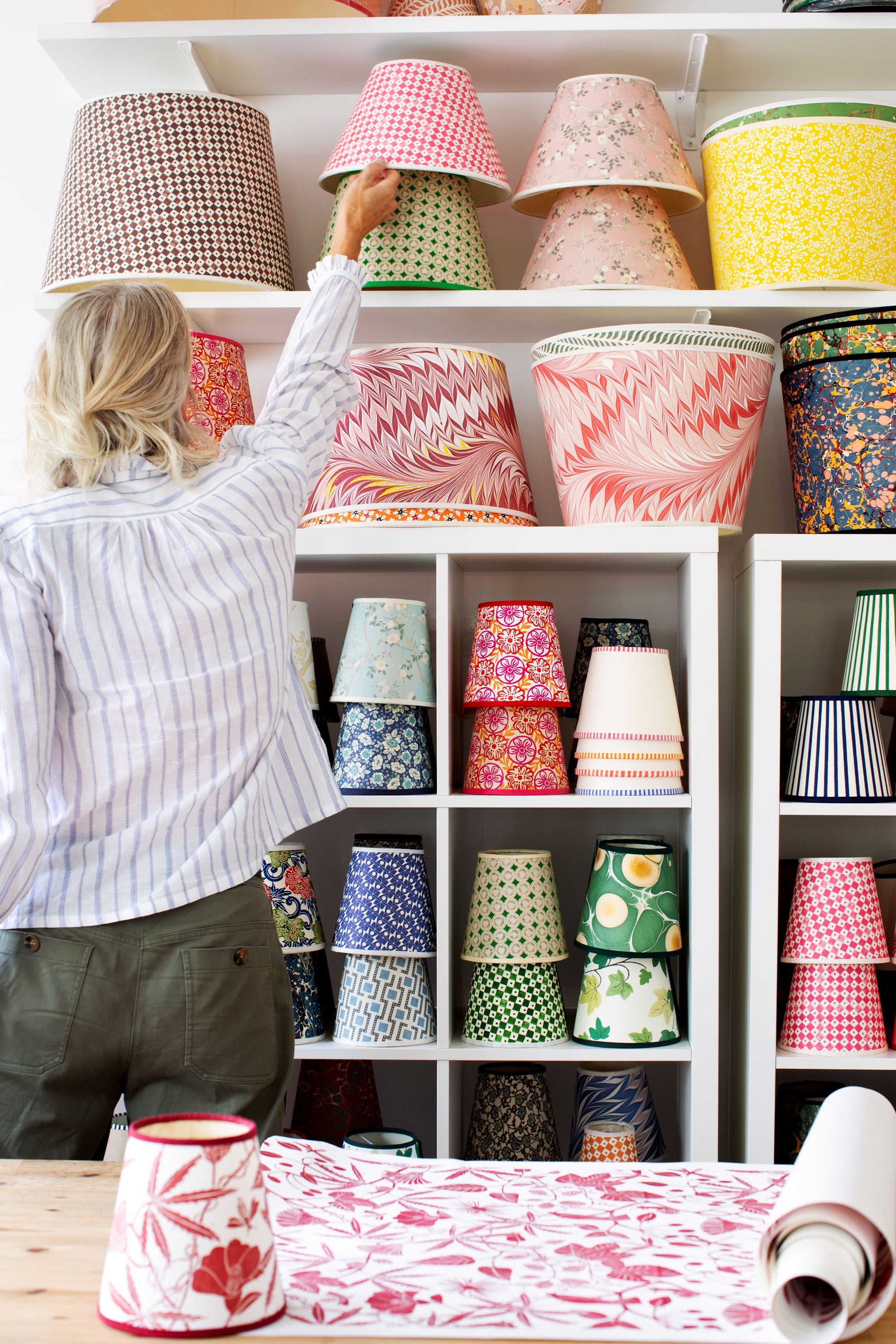 Rosi de Ruig in her West London handmade lampshade workshop studio