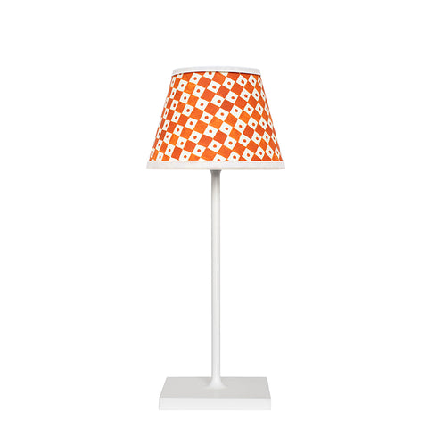 Large Chalky White Cordless Lamp and Tangerine Checkerboard Lampshade