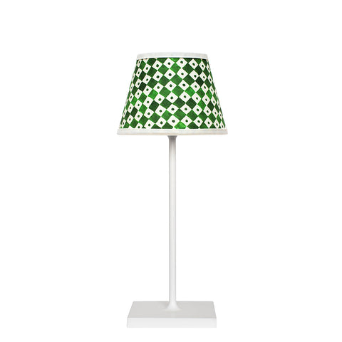 Large Chalky White Cordless Lamp and Rocket Green Checkerboard Lampshade