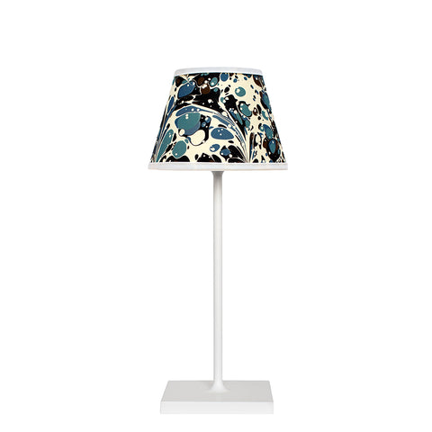 Large Chalky White Cordless Lamp and Modern Blue Floral Lampshade