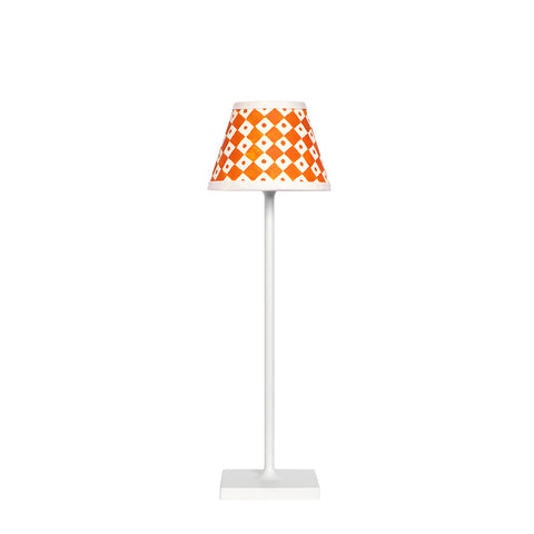 Small Chalky White Cordless Lamp and Tangerine Checkerboard Lampshade