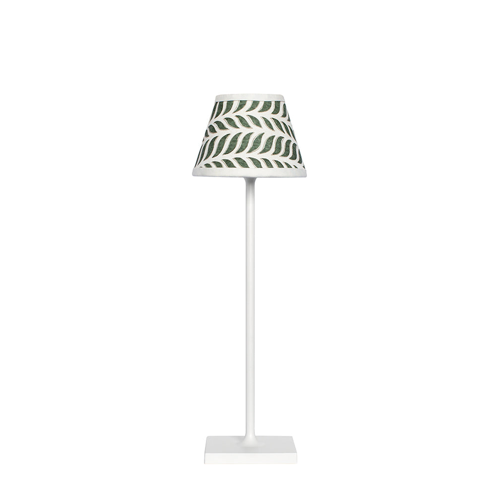 Small Chalky White Cordless Lamp and Delphine in Kelp Lampshade